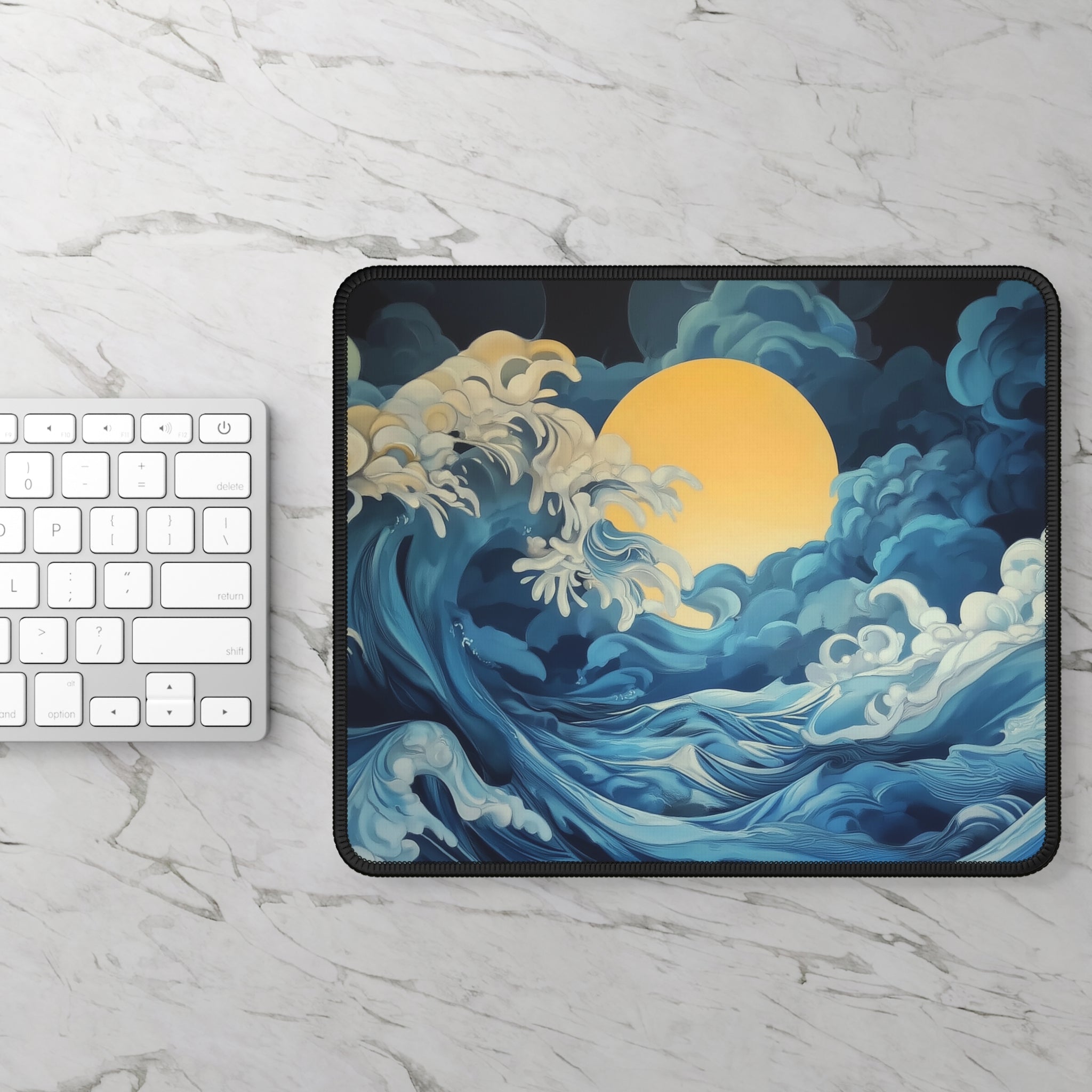 Ocean Wave Moon Gaming Mouse Pad — Calming Blue Sea Desk Mat