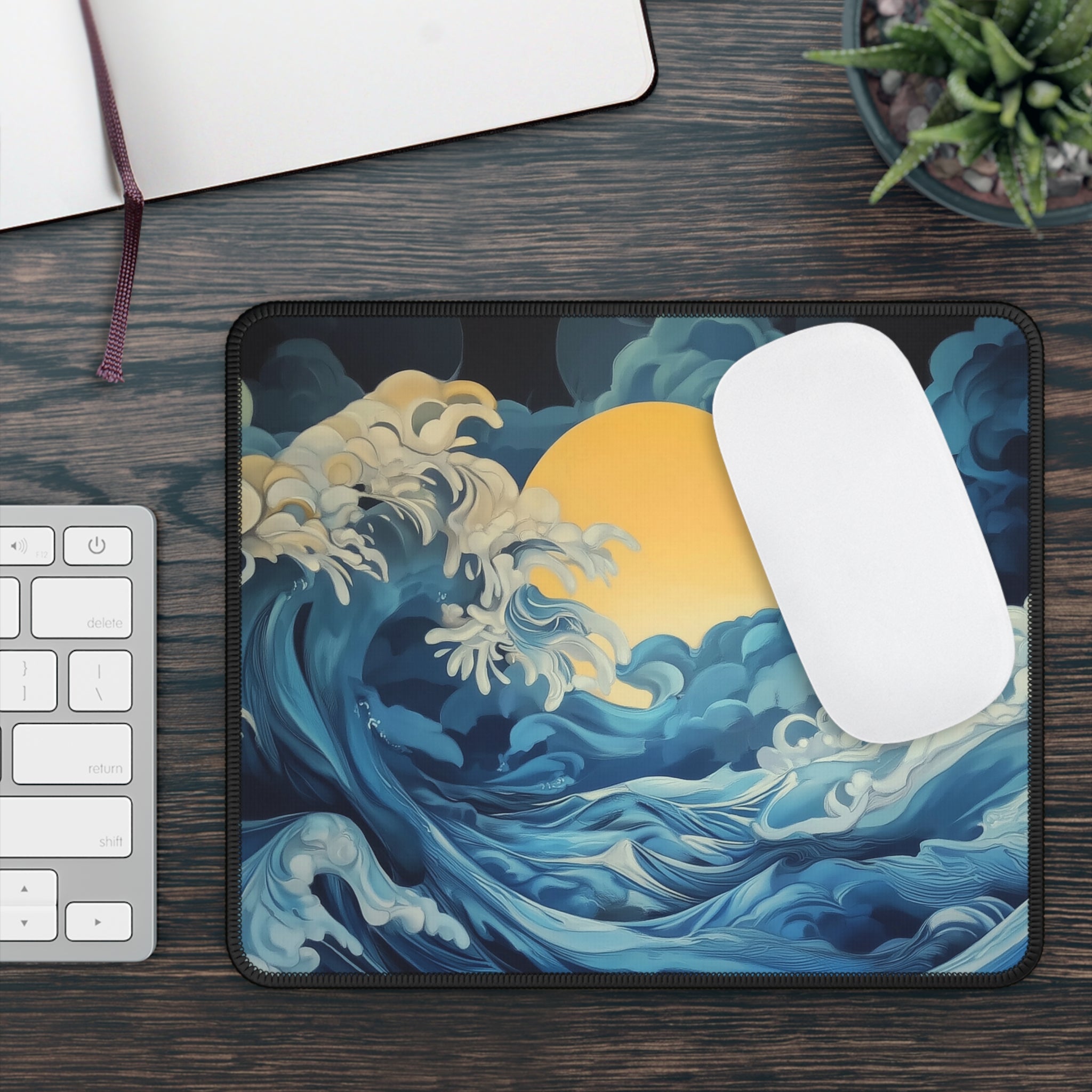 Ocean Wave Moon Gaming Mouse Pad — Calming Blue Sea Desk Mat