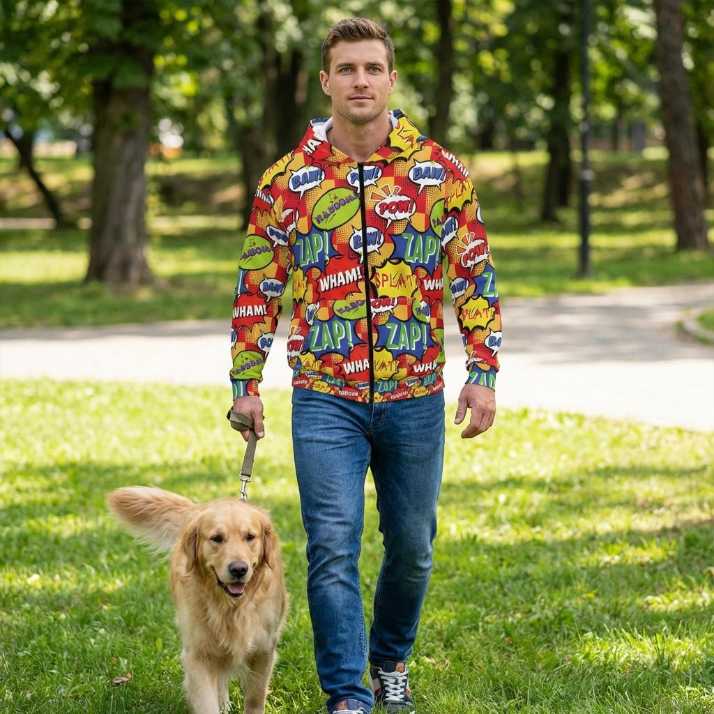 Unisex Hoodie - Retro Comic Pattern Zip-Up Hoodie