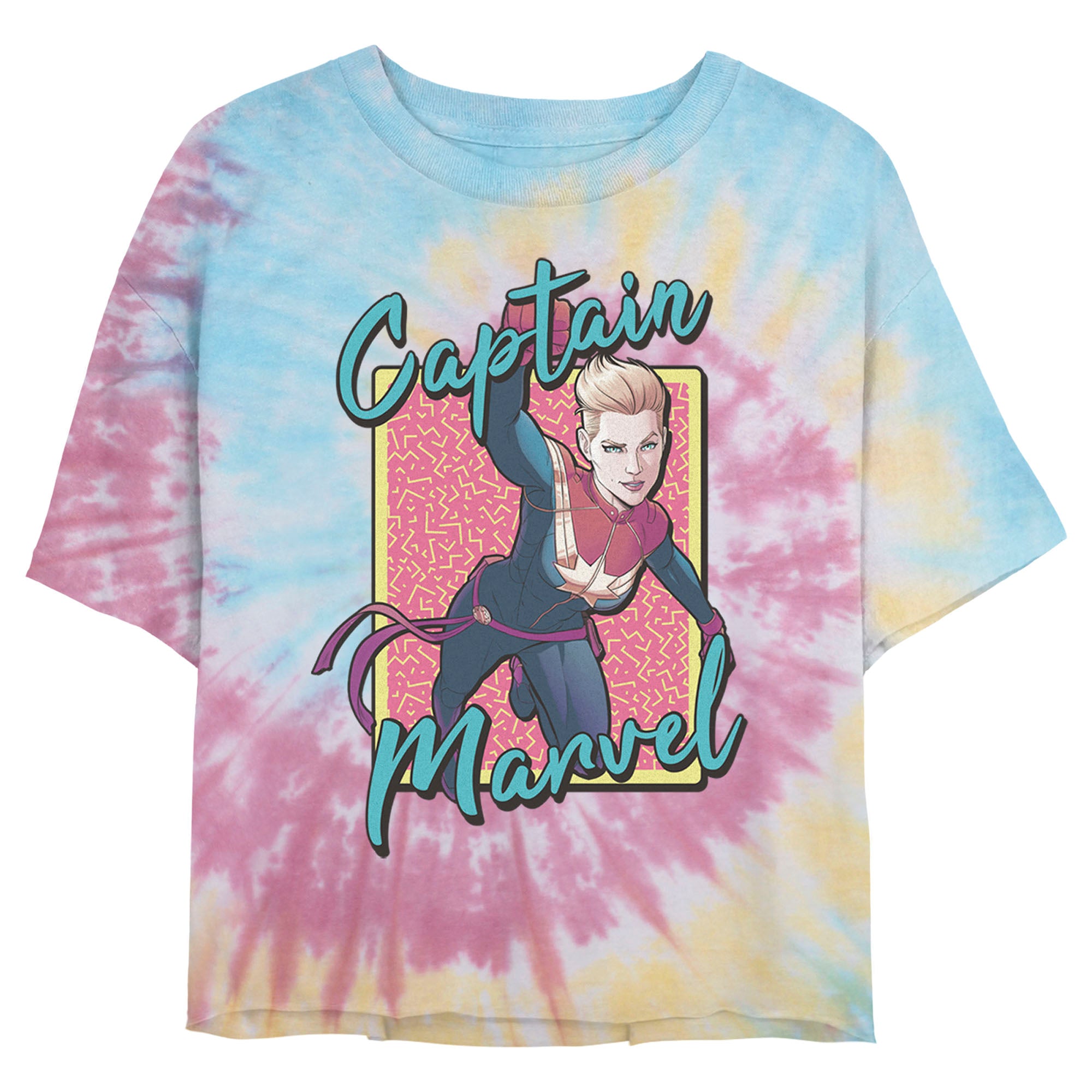 Junior's Marvel "90s Captain Marvel" Tie-Dye Swirl Crop Top